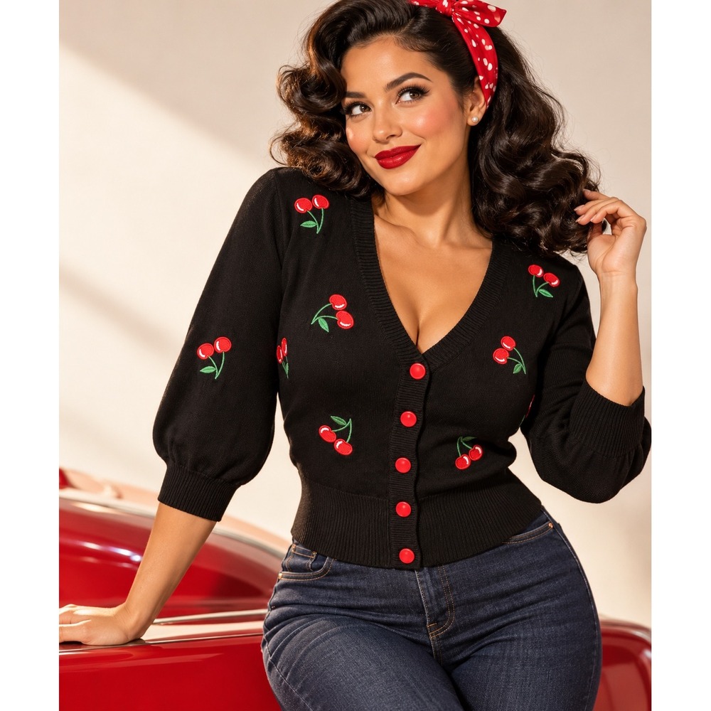 Black Cherry Embroidered V-Neck Cropped Cardigan Puff Sleeve Retro Rockabilly
